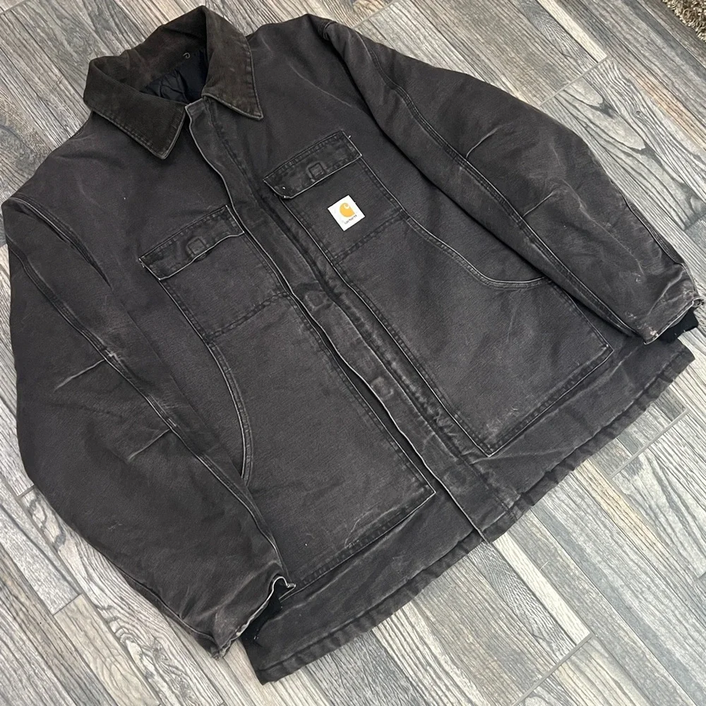 🔥🔥 Vintage CARHARTT Quilted Lined Black Canvas Work Arctic Chore Jacket 2XL‎